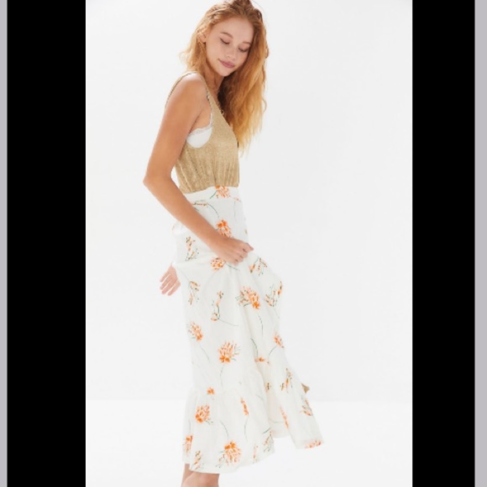 Linen Ruffle Button-Front Floral Maxi Skirt BNWT!